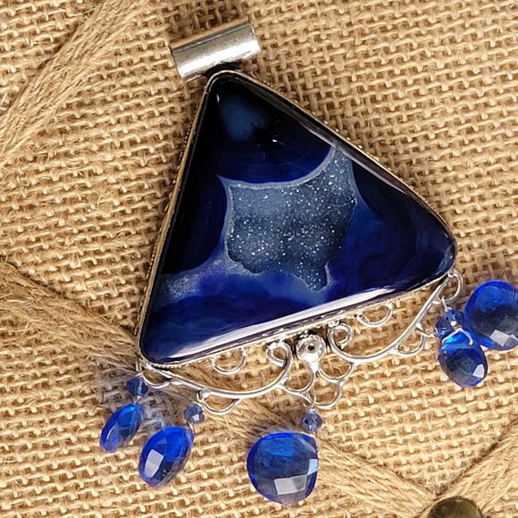 Blue Agate Sterling Silver Pendant with Dangle Beads and 20-Inch Chain - Picture 5 of 9